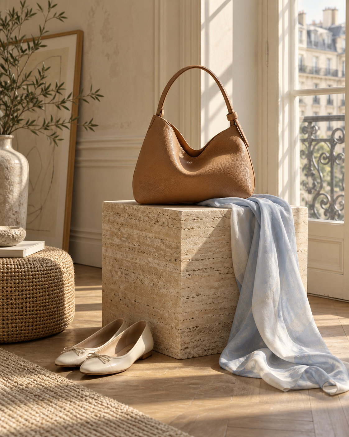 An editorial still life of a caramel handbag, cream ballet flats and pale blue silk in a sunlit Parisian interior