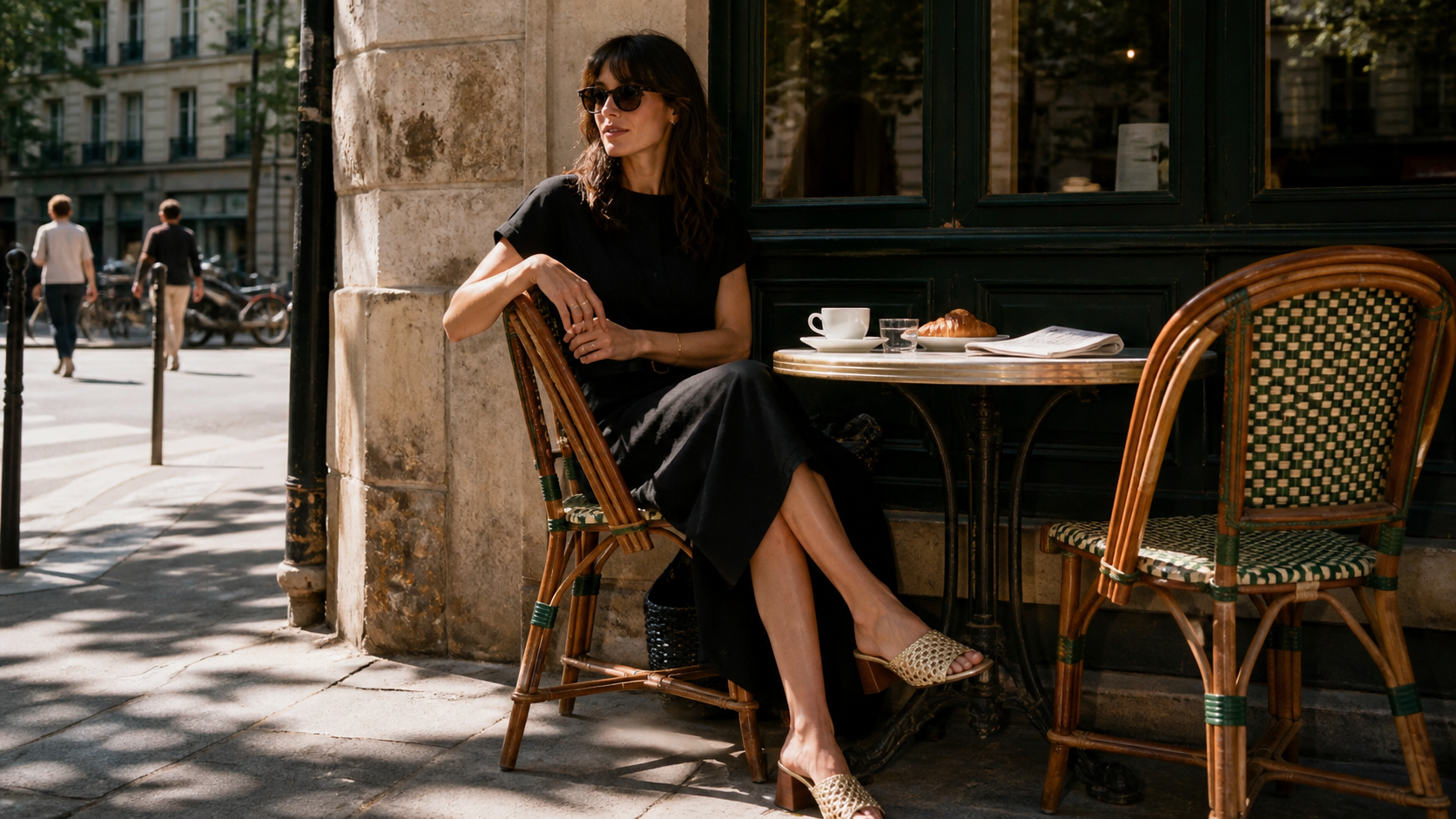 A woman in a black dress enjoying a sunlit Parisian café