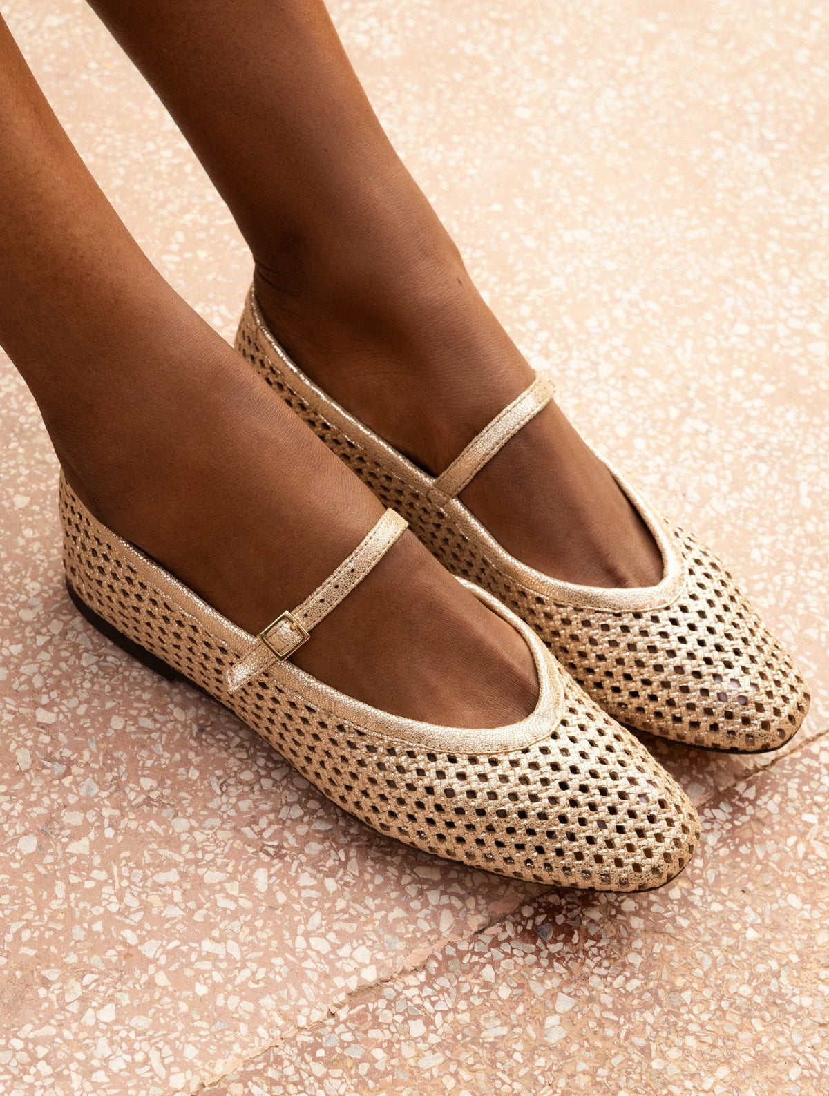 Bobbies Maya Iridescent Champagne ballet flats — styled view