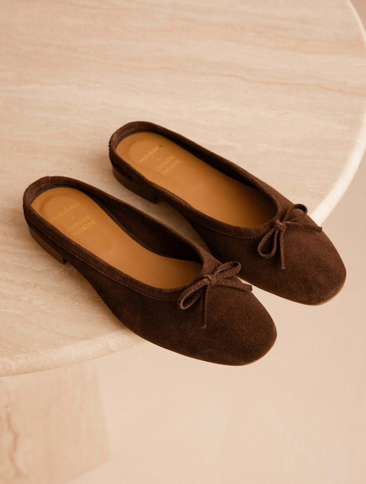 Bobbies Orsel Rockies Brown ballet flats — product view on warm studio background