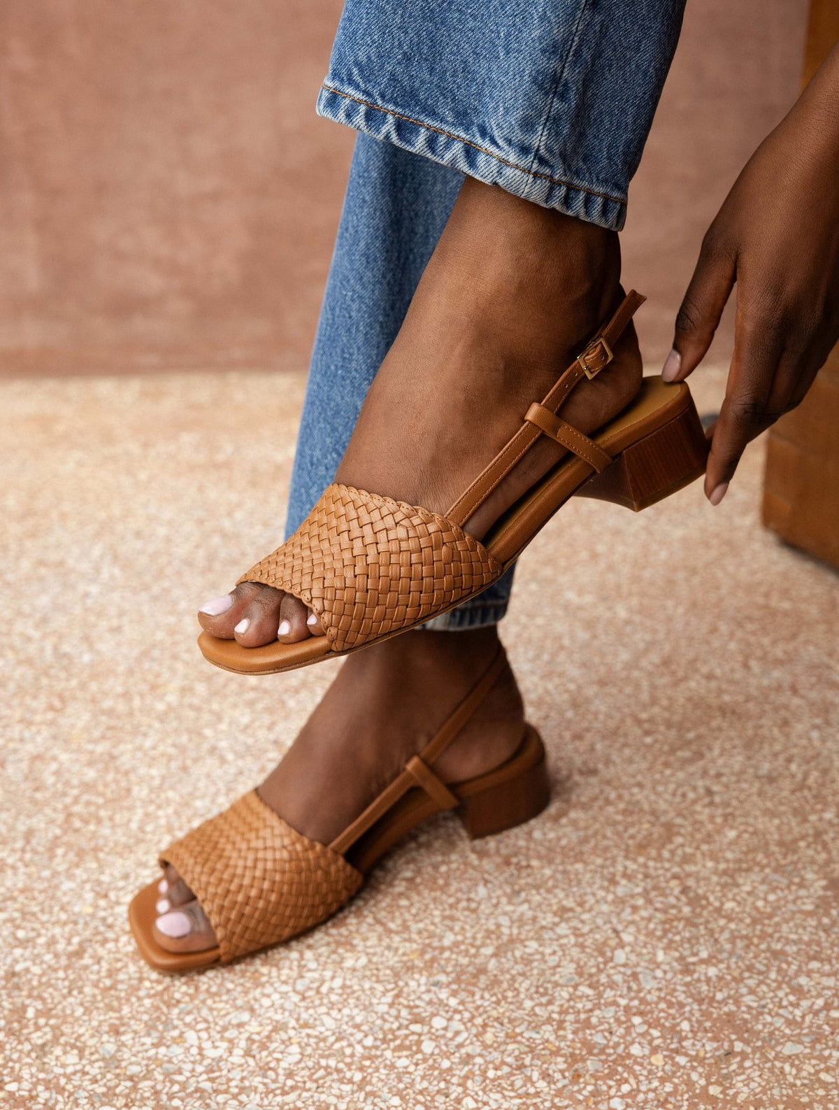 Bobbies Vanda Camel heeled sandals — styled view
