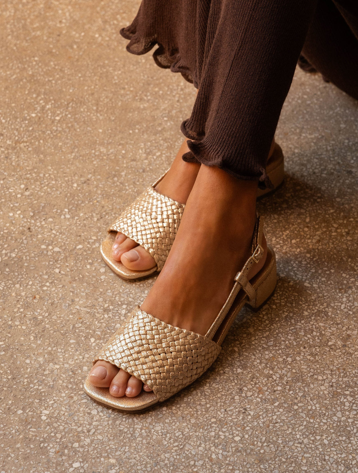 Bobbies Vanda Iridescent Champagne heeled sandals — styled view